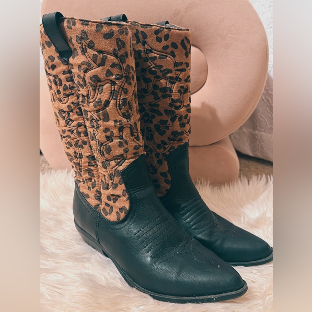 Stylish Leopard and Black Heeled Boots